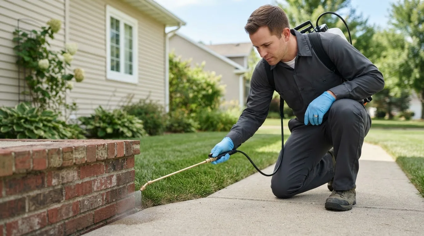 Pest control technician treating a home near Rosalie, NE