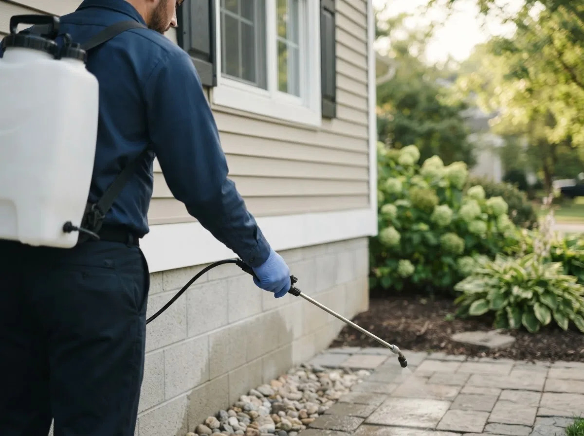 Pest control technician inspecting a home in Rosalie, NE